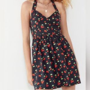 Urban Outfitters Mamie Retro Fun Cherry Halter Flare Linen Blend Mini Dress XS